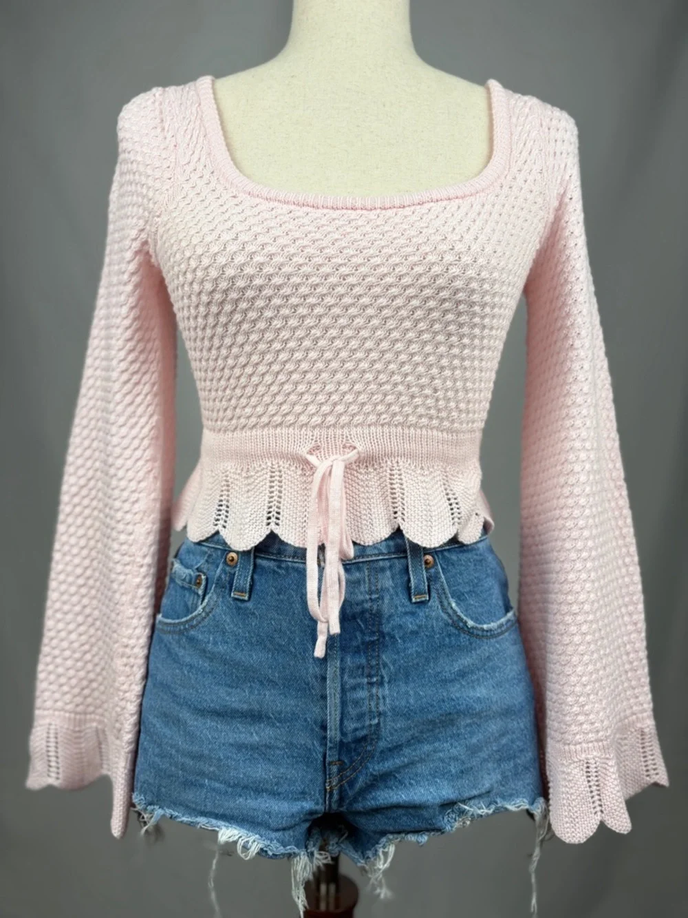 Altar’d State Blush Pink Knit Tie Front Peplum Top XS Boho Feminine - Picture 2 of 6